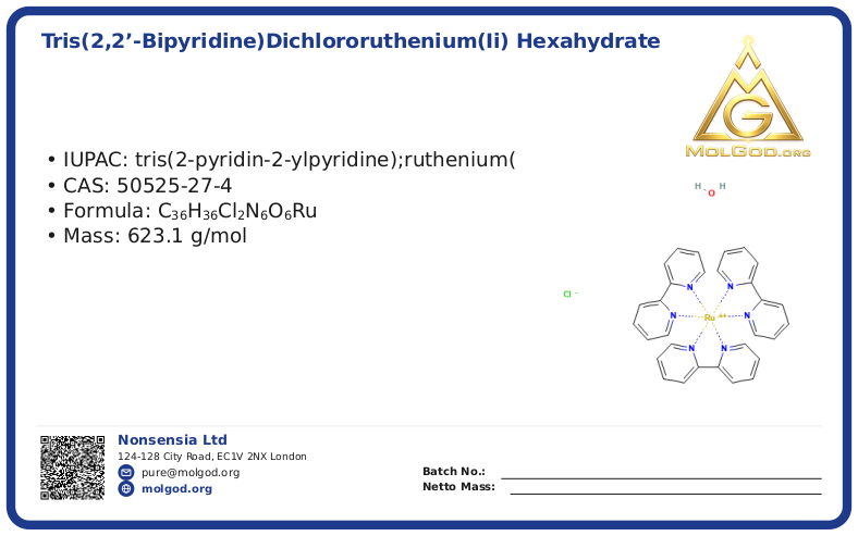 Tris(2,2’-bipyridine)dichlororuthenium(II) hexahydrate (CAS 50525-27-4), CAS 50525-27-4 — chemical product label