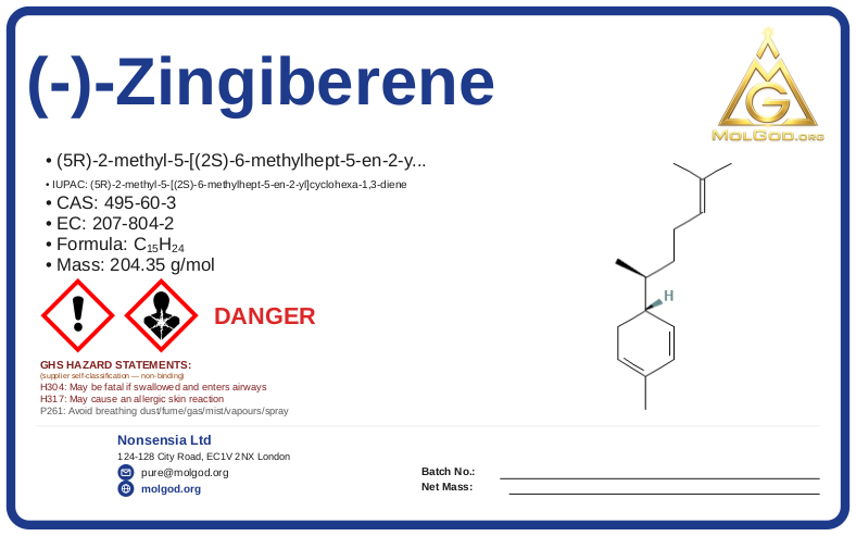 (-)-Zingiberene (CAS 495-60-3) — Safety Data Sheet, CAS 495-60-3 — chemical product label