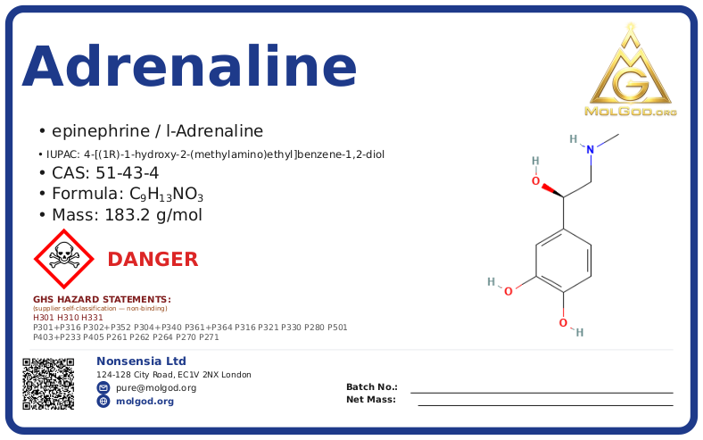 adrenaline (epinephrine) (CAS 51-43-4) — Safety Data Sheet, CAS 51-43-4 — chemical product label