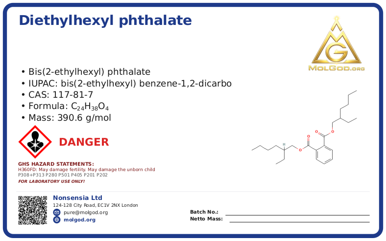 bis(2-ethylhexyl) phthalate (CAS 117-81-7) — Safety Data Sheet, CAS 117-81-7 — chemical product label