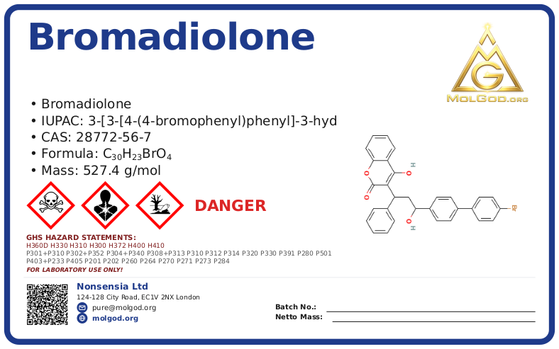 bromadiolone (CAS 28772-56-7) — Safety Data Sheet, CAS 28772-56-7 — chemical product label
