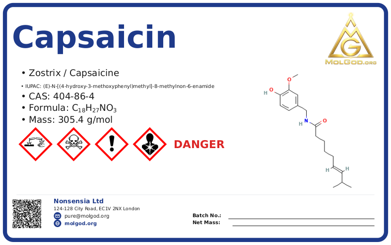 capsaicin (CAS 404-86-4) — Safety Data Sheet, CAS 404-86-4 — chemical product label