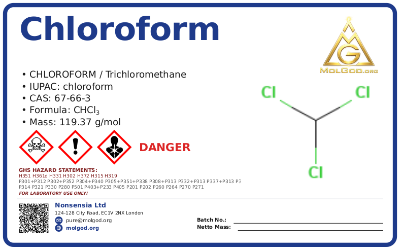 chloroform (CAS 67-66-3) — Safety Data Sheet, CAS 67-66-3 — chemical product label