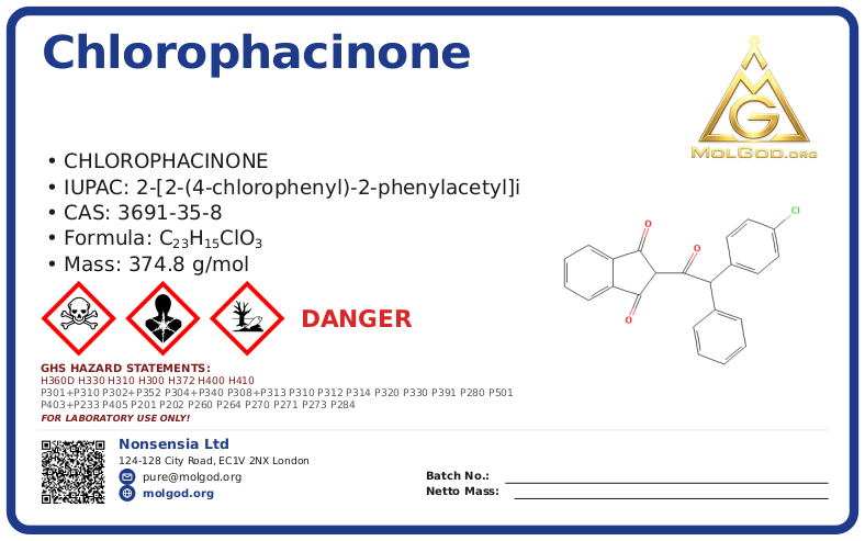 chlorophacinone (CAS 3691-35-8) — Safety Data Sheet, CAS 3691-35-8 — chemical product label