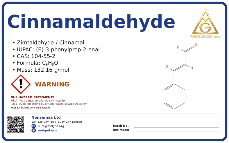 cinnamaldehyde (CAS 104-55-2) — Safety Data Sheet, CAS 104-55-2 — chemical product label