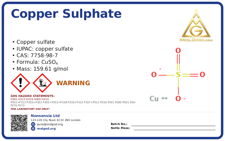 copper sulphate (CAS 7758-98-7) — Safety Data Sheet, CAS 7758-98-7 — chemical product label
