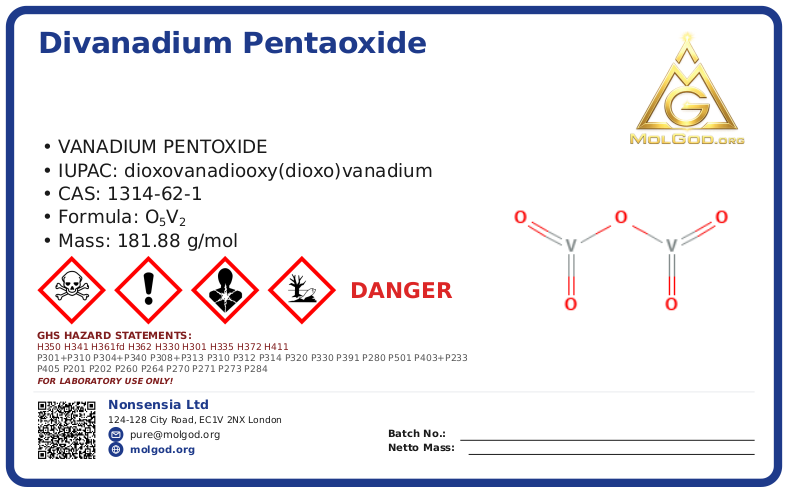 divanadium pentaoxide (CAS 1314-62-1) — Safety Data Sheet, CAS 1314-62-1 — chemical product label