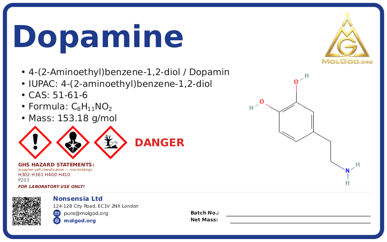 dopamine (CAS 51-61-6) — Safety Data Sheet, CAS 51-61-6 — chemical product label