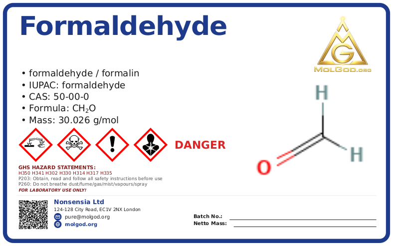 formaldehyde … % (CAS 50-00-0) — Safety Data Sheet, CAS 50-00-0 — chemical product label