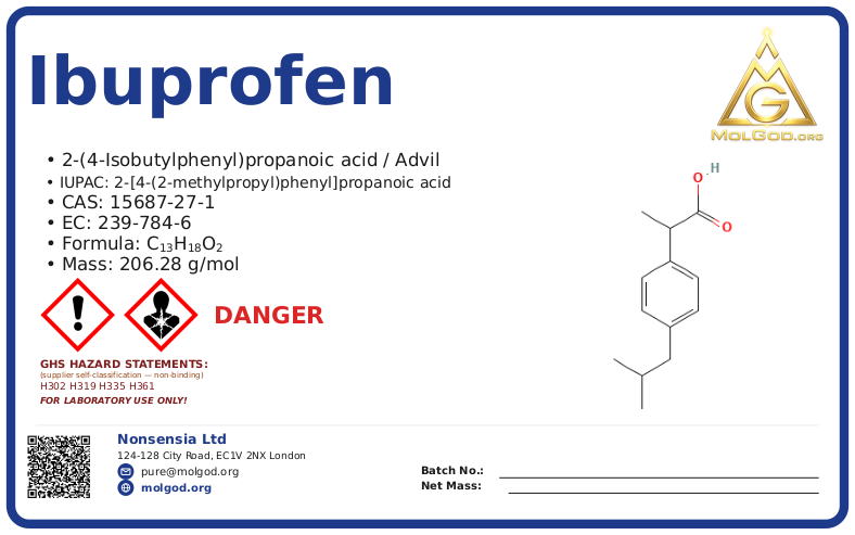 ibuprofen (CAS 15687-27-1) — Safety Data Sheet, CAS 15687-27-1 — chemical product label