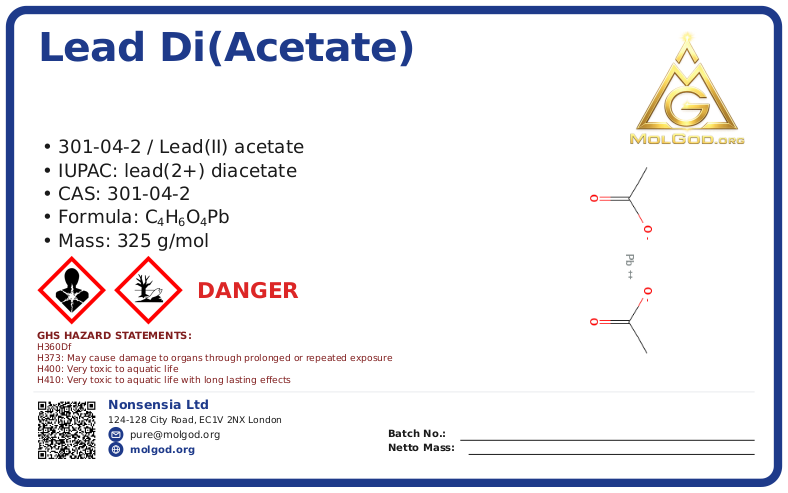 lead di(acetate) (CAS 301-04-2) — Safety Data Sheet, CAS 301-04-2 — chemical product label