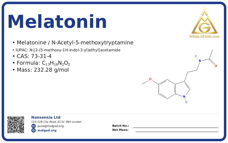 melatonin (CAS 73-31-4) — Safety Data Sheet, CAS 73-31-4 — chemical product label
