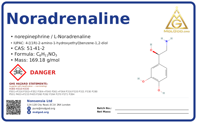 noradrenaline (norepinephrine) (CAS 51-41-2) — Safety Data Sheet, CAS 51-41-2 — chemical product label