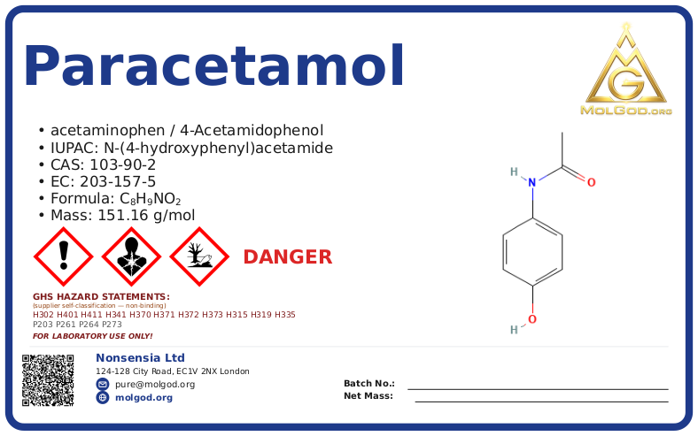 paracetamol (acetaminophen) (CAS 103-90-2) — Safety Data Sheet, CAS 103-90-2 — chemical product label