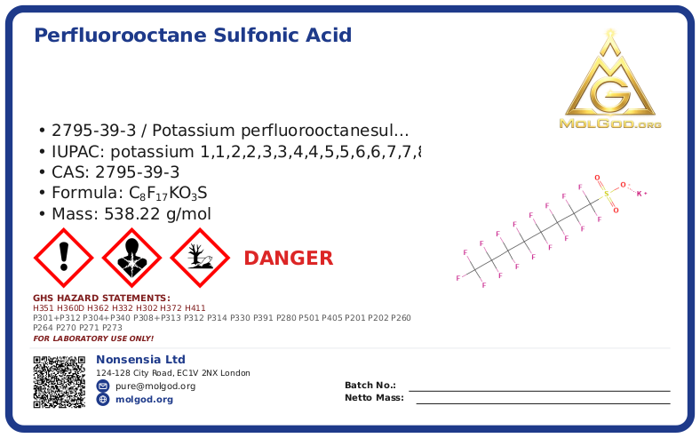 perfluorooctane sulfonic acid (CAS 2795-39-3) — Safety Data Sheet, CAS 2795-39-3 — chemical product label