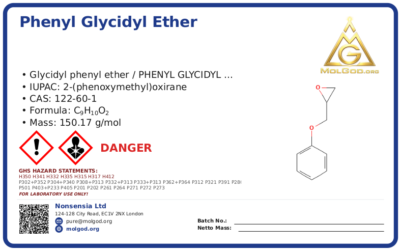phenyl glycidyl ether (CAS 122-60-1) — Safety Data Sheet, CAS 122-60-1 — chemical product label