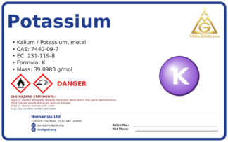 potassium (CAS 7440-09-7) — Safety Data Sheet, CAS 7440-09-7 — chemical product label