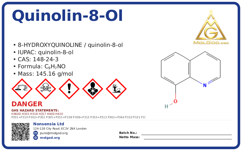 quinolin-8-ol (CAS 148-24-3) — Safety Data Sheet, CAS 148-24-3 — chemical product label