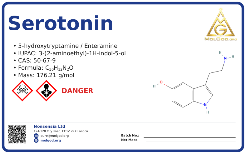 serotonin (CAS 50-67-9) — Safety Data Sheet, CAS 50-67-9 — chemical product label