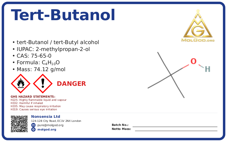 tert-Butanol (CAS 75-65-0), CAS 75-65-0 — chemical product label