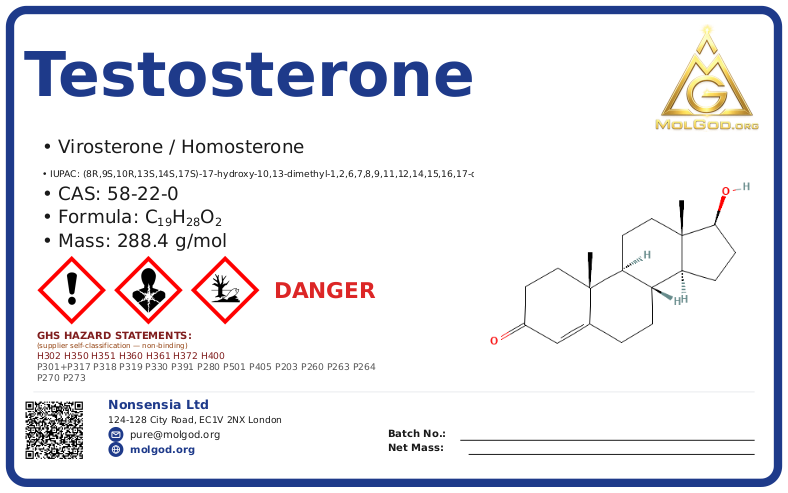 testosterone (CAS 58-22-0) — Safety Data Sheet, CAS 58-22-0 — chemical product label