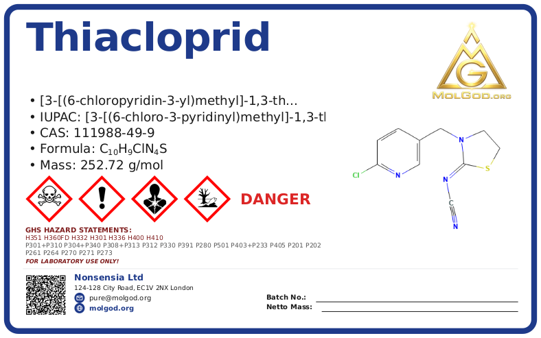 thiacloprid (CAS 111988-49-9) — Safety Data Sheet, CAS 111988-49-9 — chemical product label