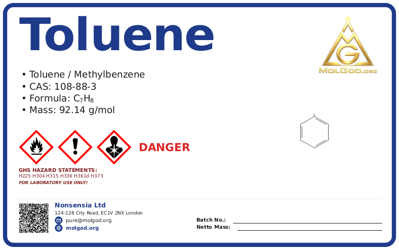 toluene (CAS 108-88-3) — Safety Data Sheet, CAS 108-88-3 — chemical product label