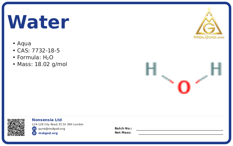water (CAS 7732-18-5) — Safety Data Sheet, CAS 7732-18-5 — chemical product label