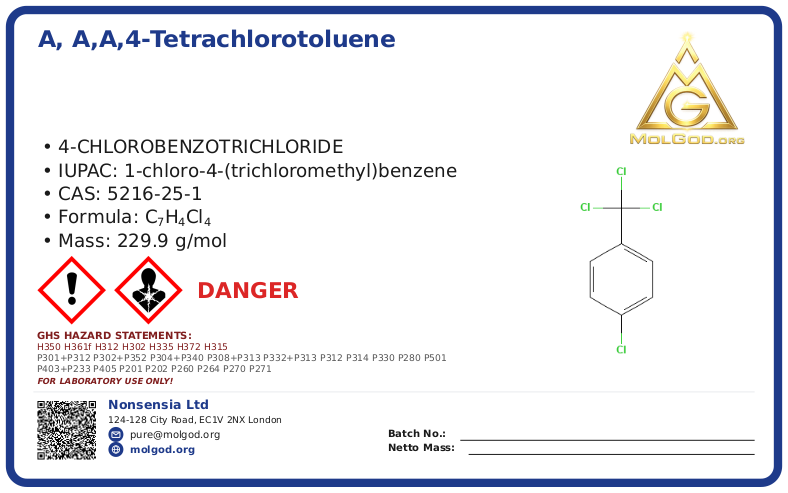 α, α,α,4-tetrachlorotoluene (CAS 5216-25-1) — Safety Data Sheet, CAS 5216-25-1 — chemical product label