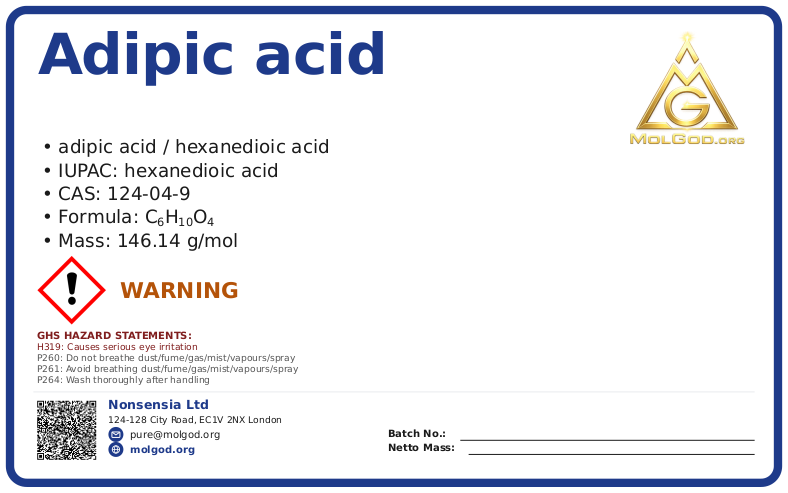 己二酸 99.8%_山东冠昌化学科技有限公司 (CAS 124-04-9), CAS 124-04-9 — chemical product label