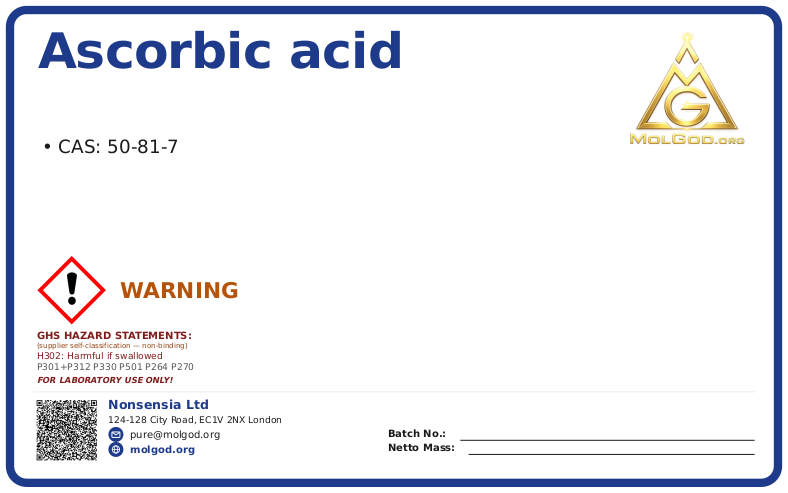 Аскорбиновая кислота (Е300) (CAS 50-81-7), CAS 50-81-7 — chemical product label