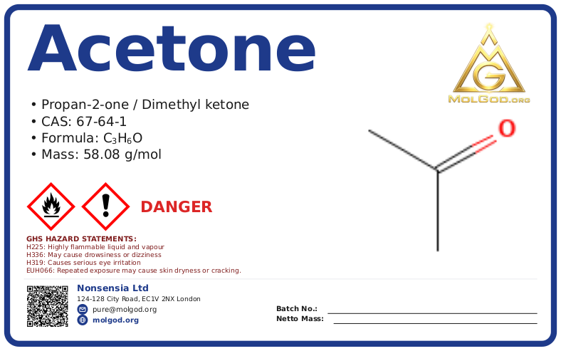 Propan-2-one (CAS 67-64-1), CAS 67-64-1 — chemical product label