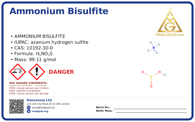 Ammonium bisulfite (CAS 10192-30-0), CAS 10192-30-0 — chemical product label