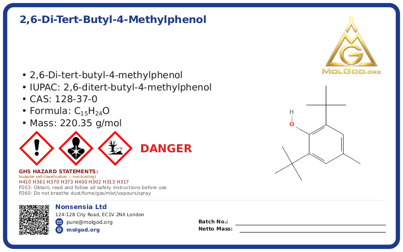 2,6-Di-tert-butyl-4-methylphenol (CAS 128-37-0), CAS 128-37-0 — chemical product label