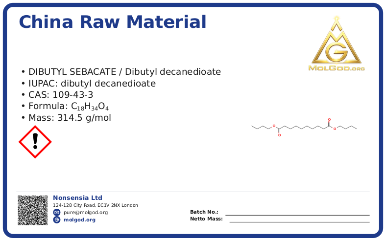 China Raw Material Dibutyl Sebacate manufacturers, Raw Material Dibutyl Sebacate suppliers, Raw Material Dibutyl Sebacate wholesaler (CAS 109-43-3), CAS 109-43-3 — chemical product label
