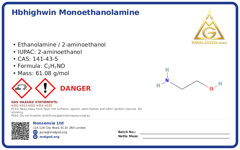 Ethanolamine (CAS 141-43-5) — chemical product label