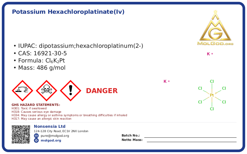 Potassium hexachloroplatinate(IV) (CAS 16921-30-5), CAS 16921-30-5 — chemical product label