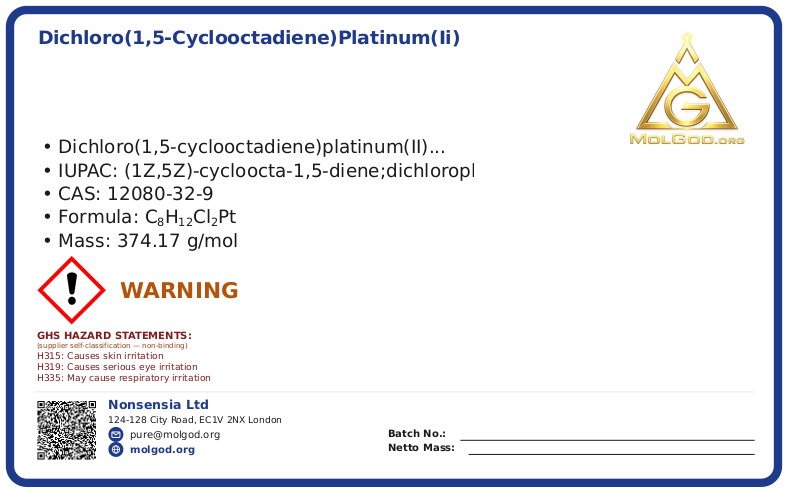 Dichloro(1,5-cyclooctadiene)platinum(II) (CAS 12080-32-9), CAS 12080-32-9 — chemical product label