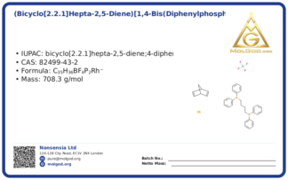 (Bicyclo[2.2.1]hepta-2,5-diene)[1,4-bis(diphenylphosphino)butane]rhodium(I) tetrafluoroborate (CAS 82499-43-2), CAS 82499-43-2 — chemical product label
