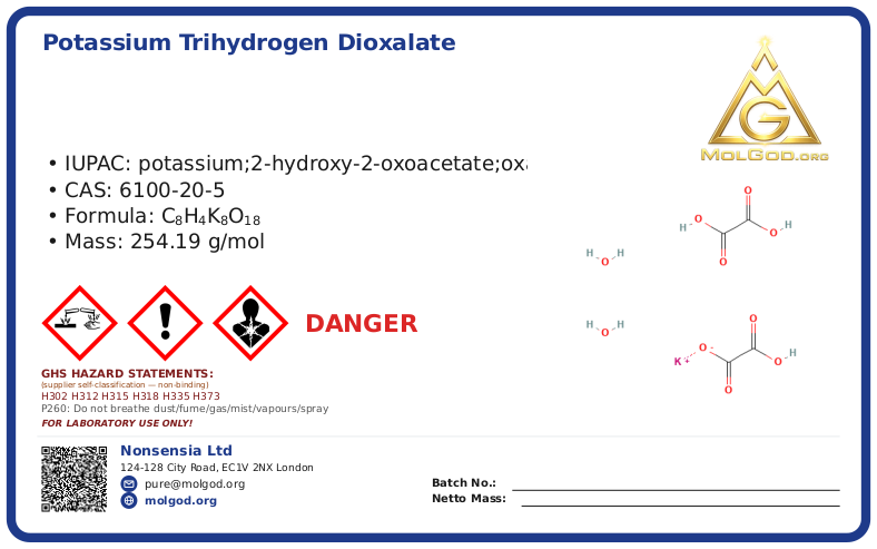 四草酸钾 (CAS 6100-20-5), CAS 6100-20-5 — chemical product label