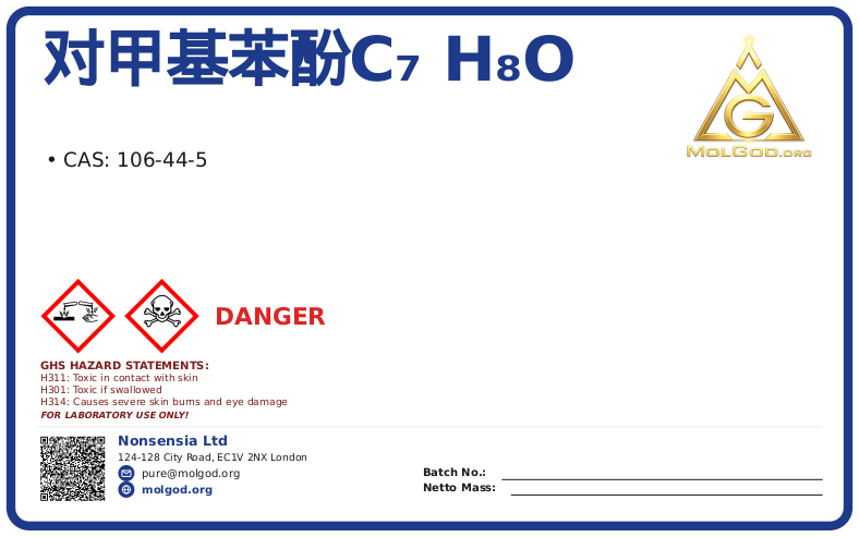 P-Cresol (CAS 106-44-5), CAS 106-44-5 — chemical product label