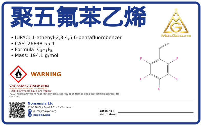 聚五氟苯乙烯 (CAS 26838-55-1), CAS 26838-55-1 — chemical product label