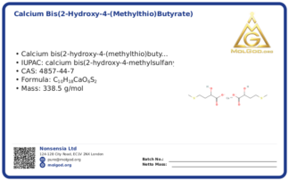 Calcium bis(2-hydroxy-4-(methylthio)butyrate) (CAS 4857-44-7), CAS 4857-44-7 — chemical product label