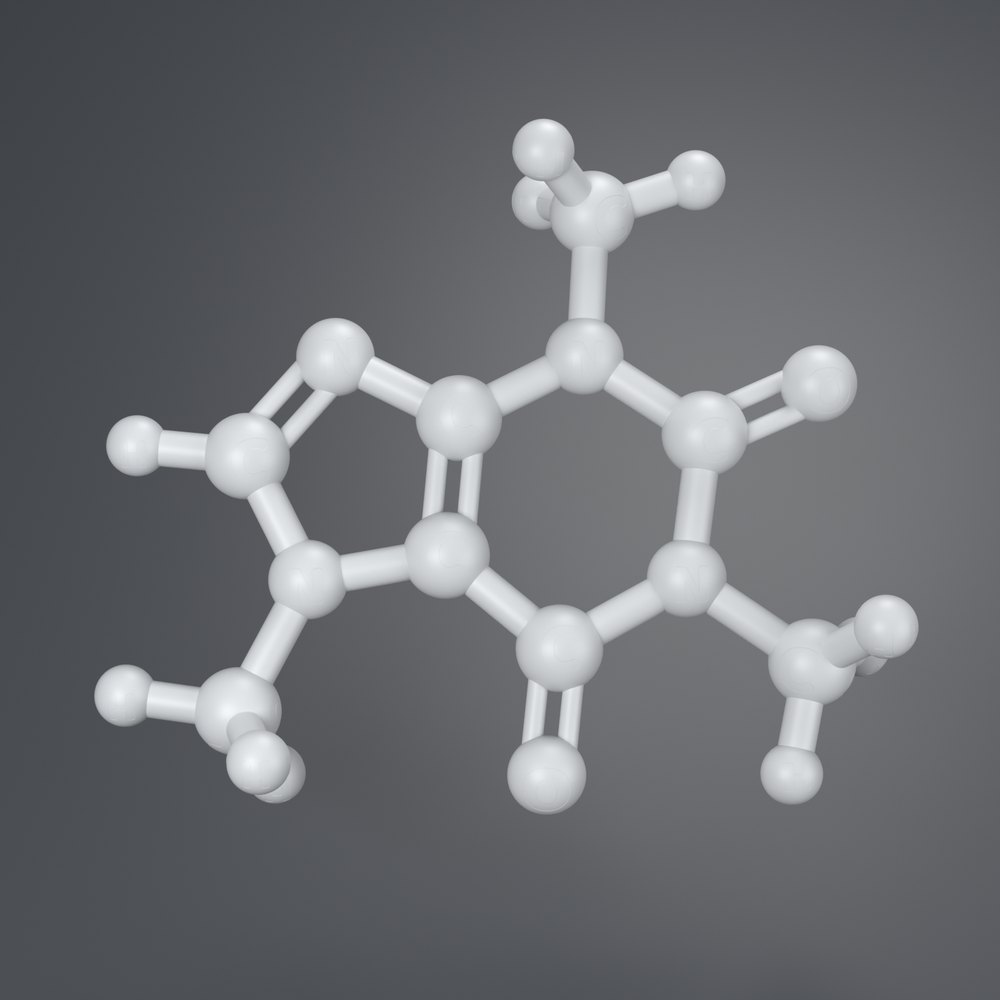 Version A: caffeine ball-and-stick model in one light grey colour, 24 identical-looking spheres with no element symbols