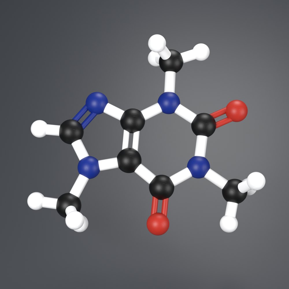 Version B: the same caffeine model in CPK colours, carbon black, nitrogen blue, oxygen red, hydrogen white, without element symbols