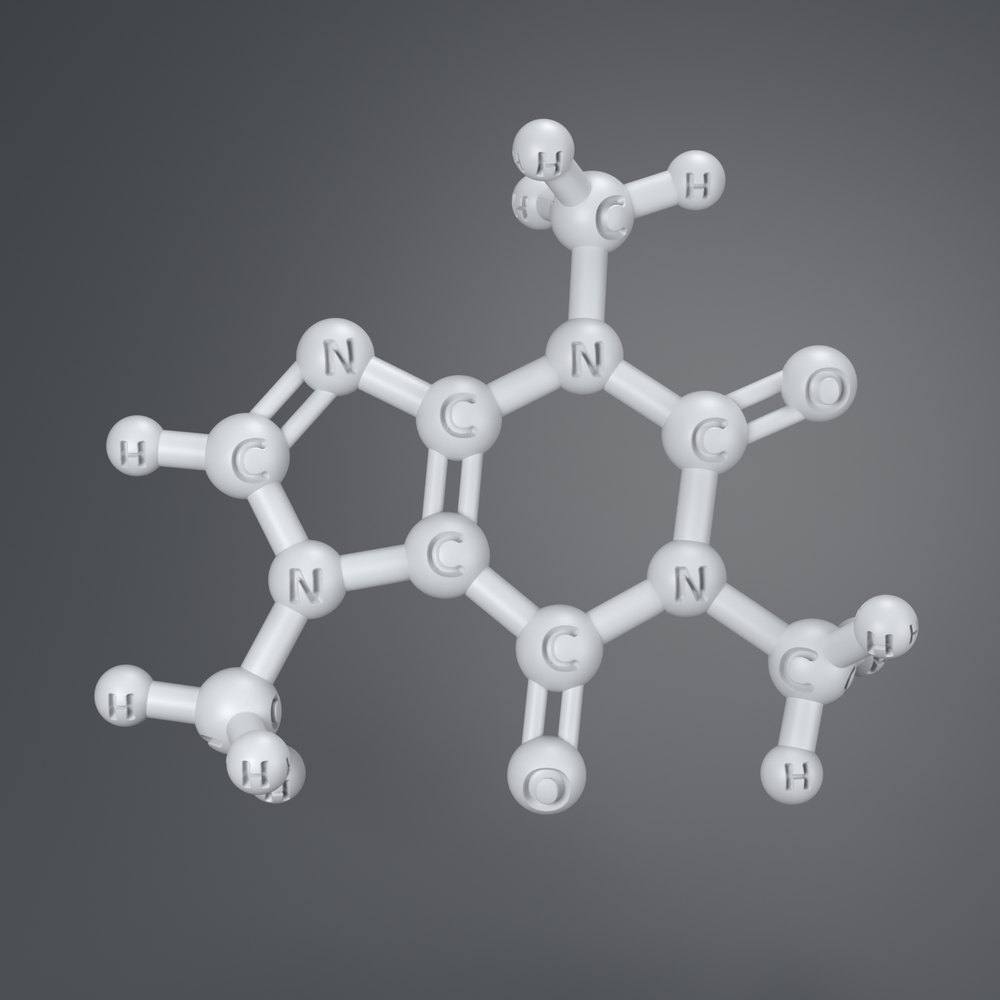Version C: the same caffeine model in one light grey colour with the element symbol C, H, N or O engraved into every sphere