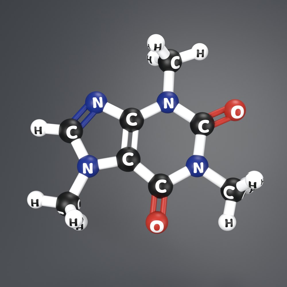 Version D: the same caffeine model in CPK colours with engraved element symbols filled in a contrasting colour, white letters on carbon, nitrogen and oxygen, black letters on hydrogen