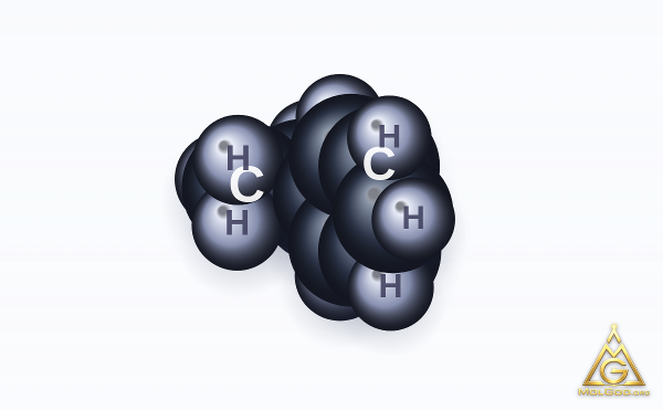 Ethylbenzene (CAS 100-41-4) – space-filling 3D model, MolGod Viewer