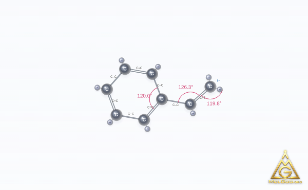 Styrene (CAS 100-42-5) – ball-and-stick 3D model, MolGod Viewer