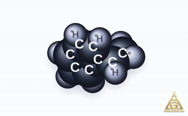 Styrene (CAS 100-42-5) – space-filling 3D model, MolGod Viewer